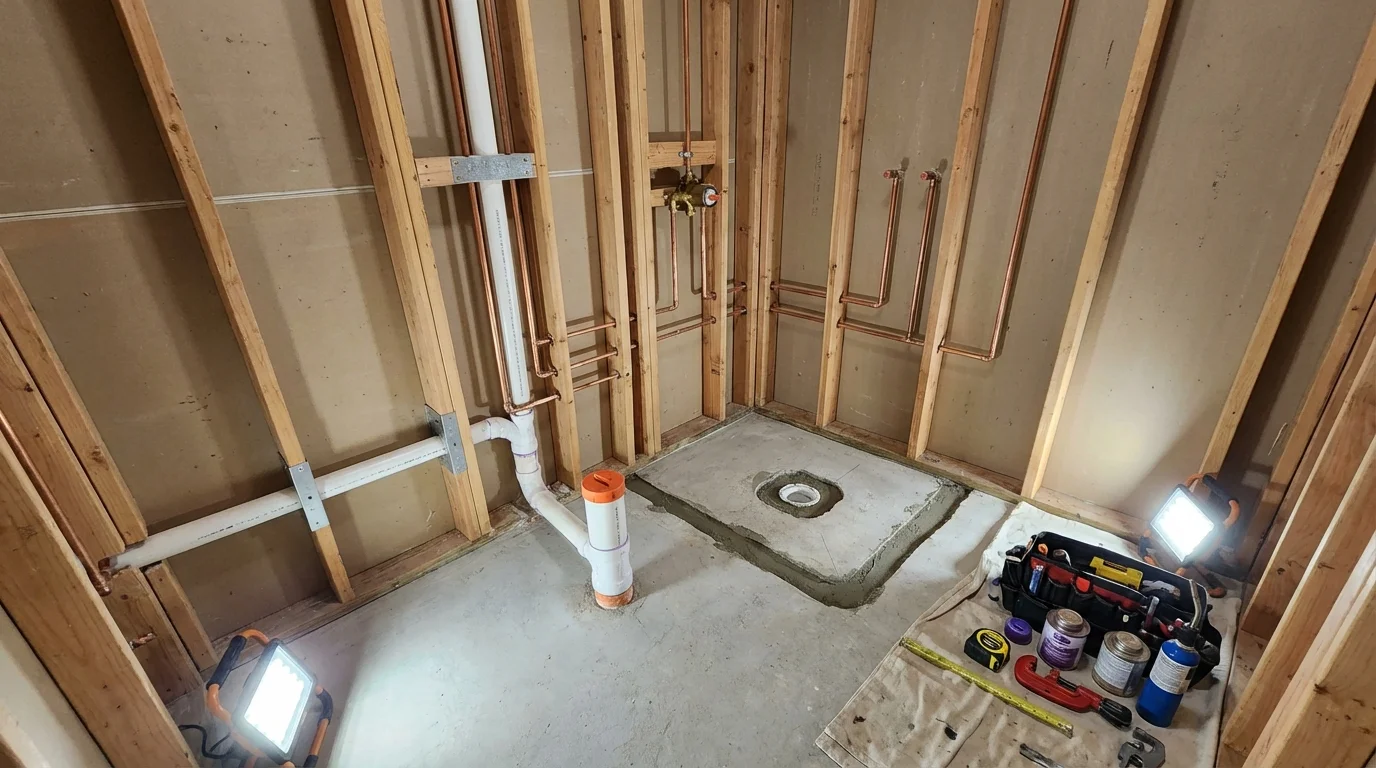 Bathroom rough-in plumbing during remodel by Johns Plumbing LLC in Maple Lake