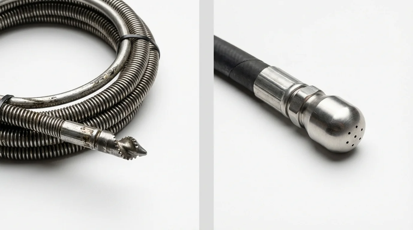 Drain snake cable and hydro jetting nozzle used for drain cleaning in Maple Lake, MN