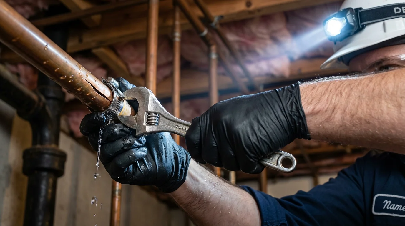 Emergency pipe clamp repair being performed by a Johns Plumbing LLC plumber in Maple Lake