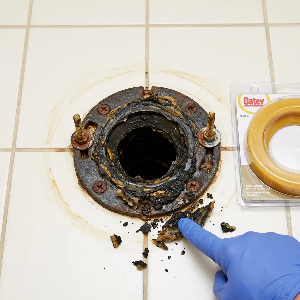 Failed wax ring showing water seepage at the base of a toilet in a Maple Lake, MN home