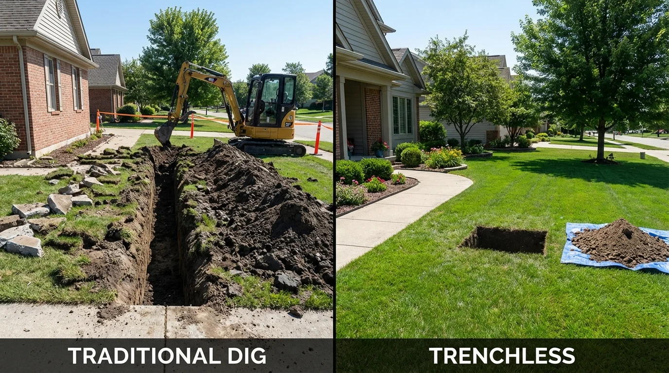 Trenchless sewer repair with minimal yard damage versus traditional excavation in Maple Lake, MN