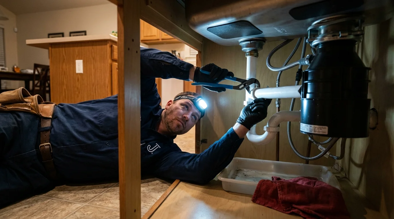 P-trap and supply line connections under a kitchen sink showing a common leak point in Maple Lake, MN